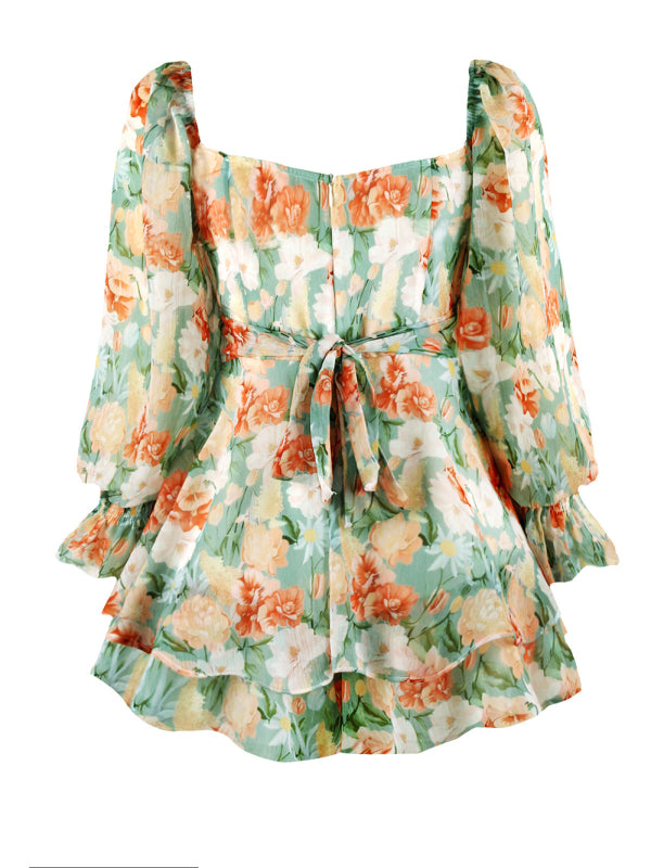 fashion sexy one-neck lantern lotus leaf long-sleeved printed jumpsuit kakaclo