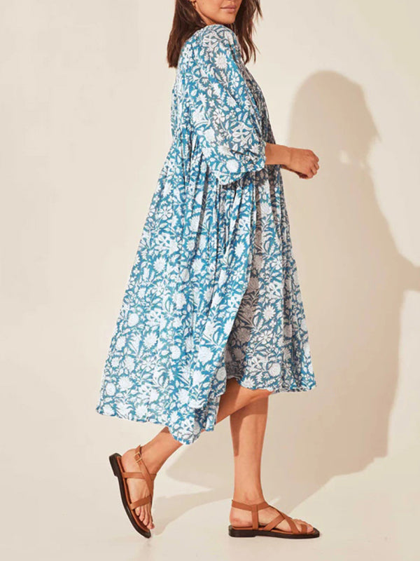 Women's Floral Fashion Loose Casual Long Sleeve Dress-TOPS / DRESSES-[Adult]-[Female]-2022 Online Blue Zone Planet