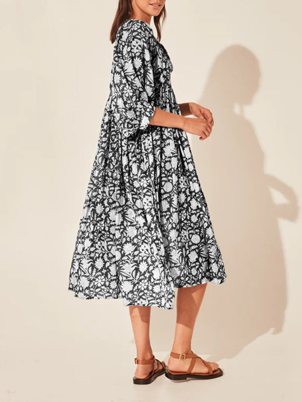 Women's Floral Fashion Loose Casual Long Sleeve Dress-TOPS / DRESSES-[Adult]-[Female]-2022 Online Blue Zone Planet