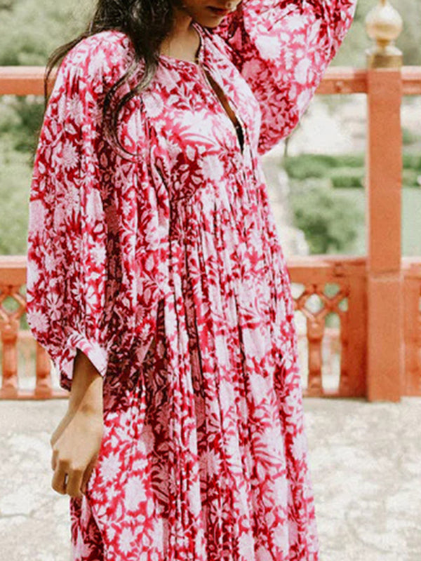 Women's Floral Fashion Loose Casual Long Sleeve Dress-TOPS / DRESSES-[Adult]-[Female]-2022 Online Blue Zone Planet