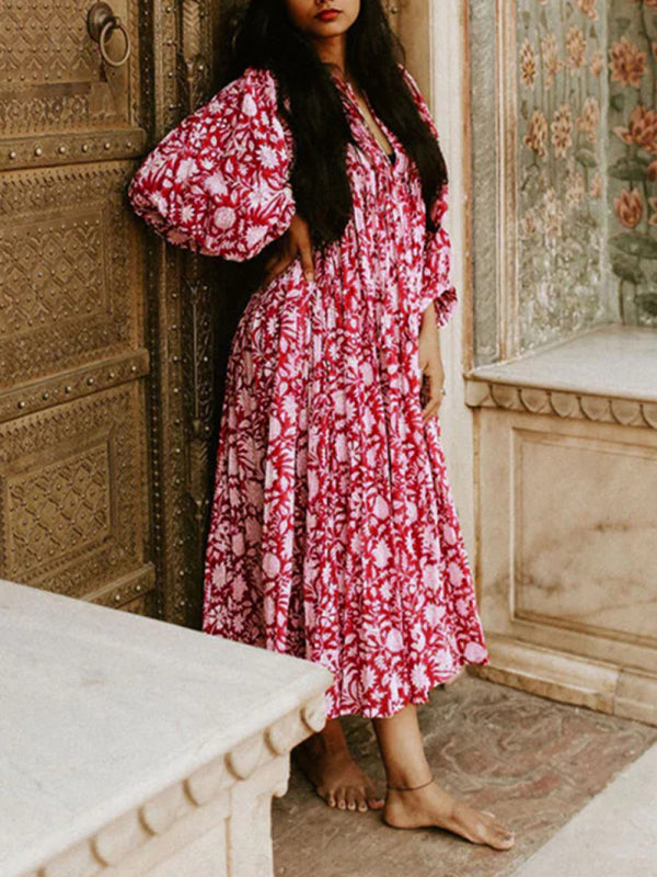 Women's Floral Fashion Loose Casual Long Sleeve Dress-TOPS / DRESSES-[Adult]-[Female]-2022 Online Blue Zone Planet