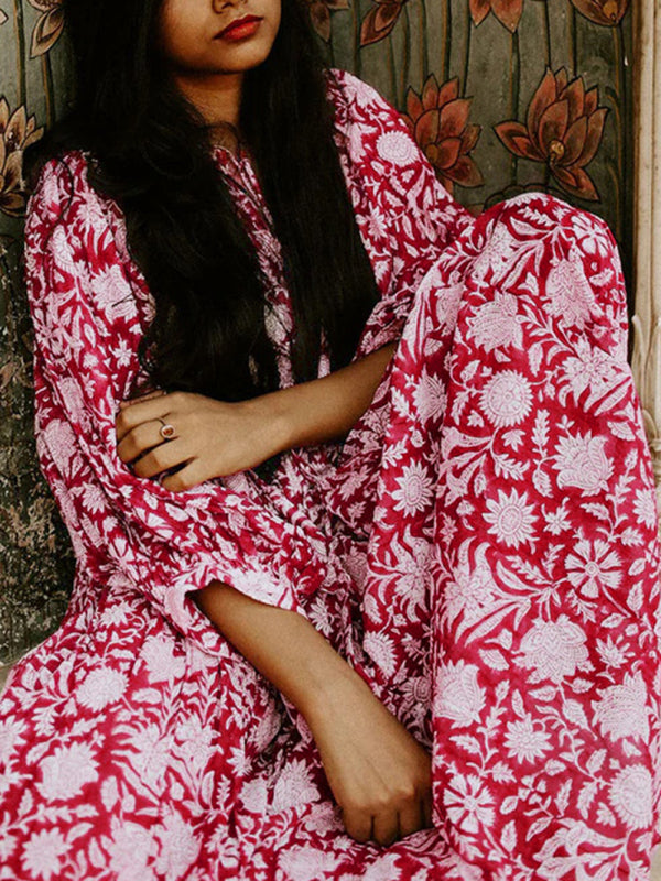 Women's Floral Fashion Loose Casual Long Sleeve Dress-TOPS / DRESSES-[Adult]-[Female]-2022 Online Blue Zone Planet