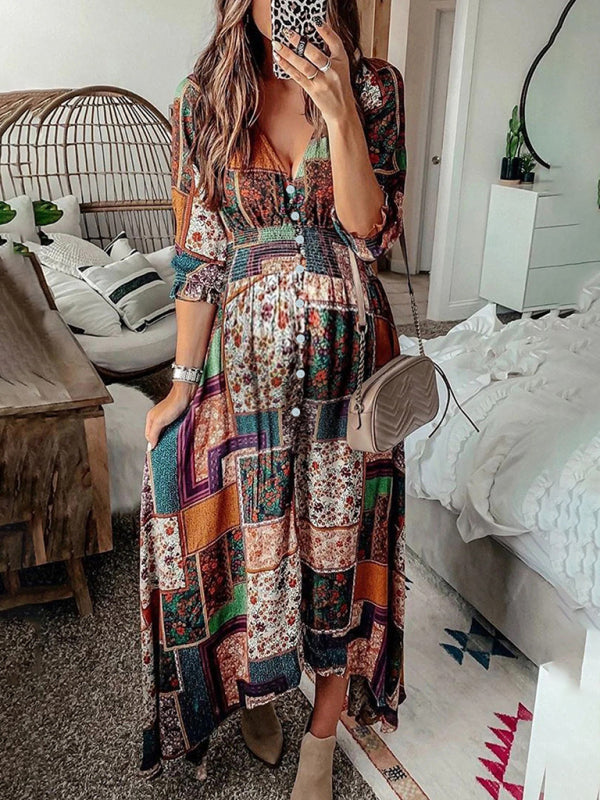 Bohemian v-neck print V-neck long sleeve long beach dress kakaclo
