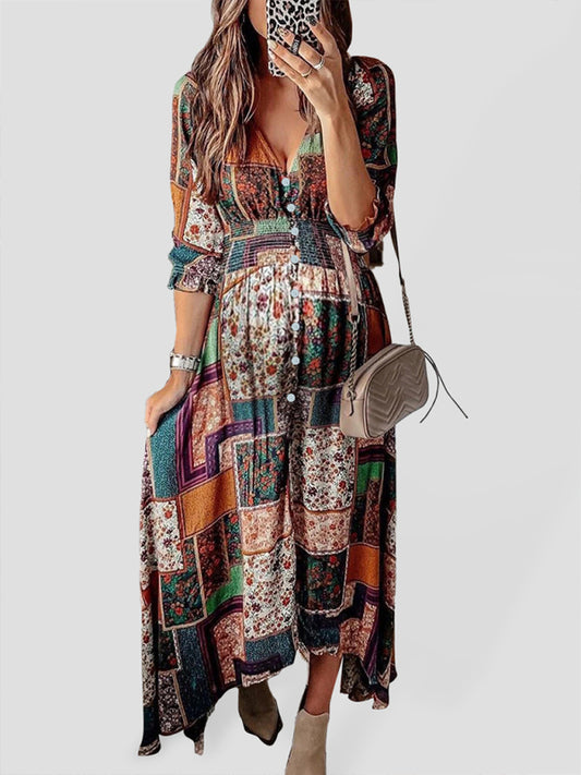 Bohemian v-neck print V-neck long sleeve long beach dress kakaclo