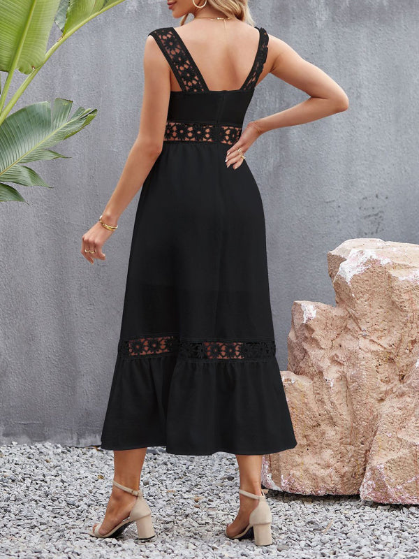 Blue Zone Planet |  New style solid color hollow lace stitching square collar sleeveless suspender dress kakaclo