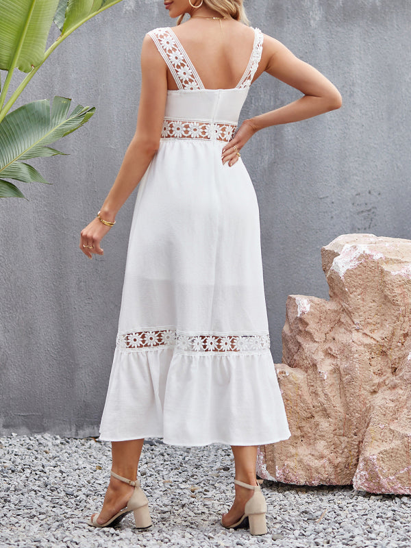 Blue Zone Planet |  New style solid color hollow lace stitching square collar sleeveless suspender dress kakaclo