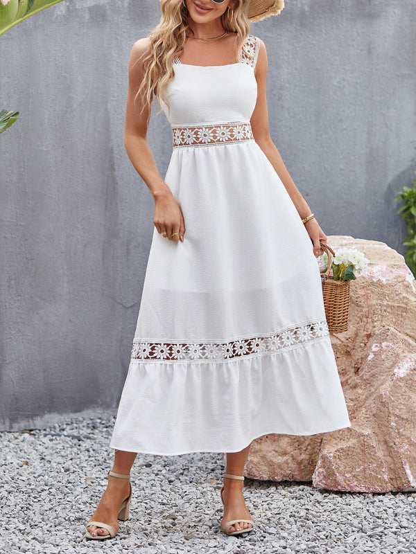 Blue Zone Planet |  New style solid color hollow lace stitching square collar sleeveless suspender dress kakaclo