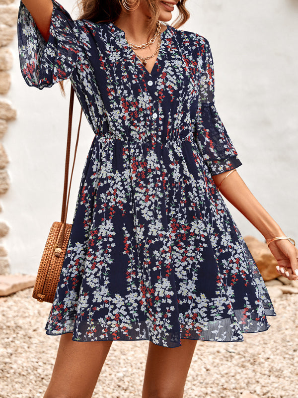 Luna's Casual V-Neck Half-Sleeve Printed Mini Dress-TOPS / DRESSES-[Adult]-[Female]-2022 Online Blue Zone Planet