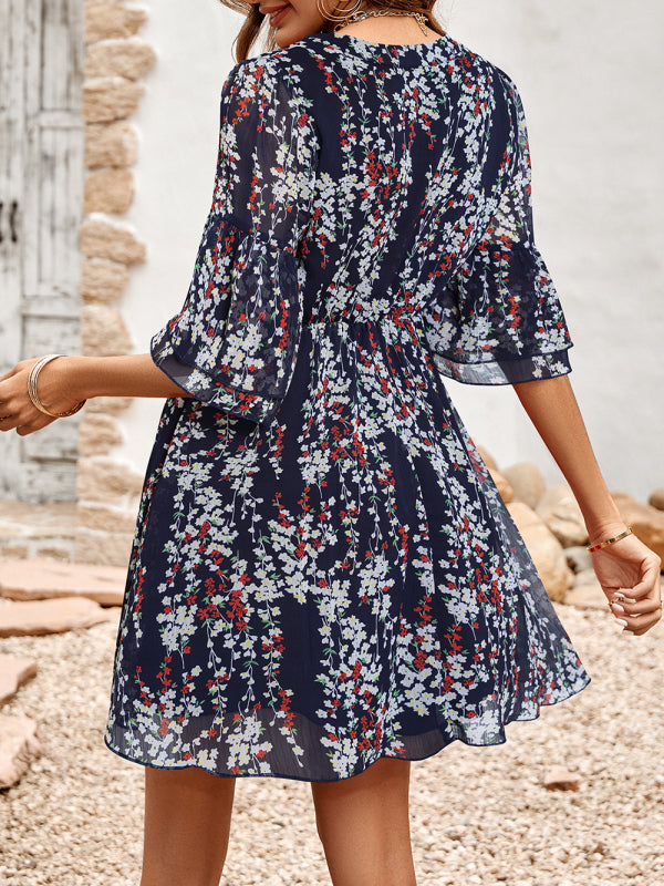 Luna's Casual V-Neck Half-Sleeve Printed Mini Dress-TOPS / DRESSES-[Adult]-[Female]-2022 Online Blue Zone Planet