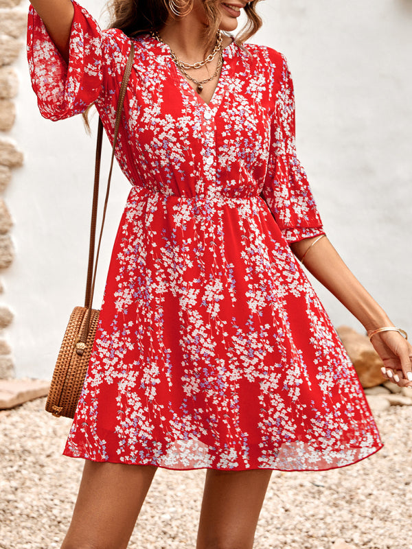 Luna's Casual V-Neck Half-Sleeve Printed Mini Dress-TOPS / DRESSES-[Adult]-[Female]-2022 Online Blue Zone Planet