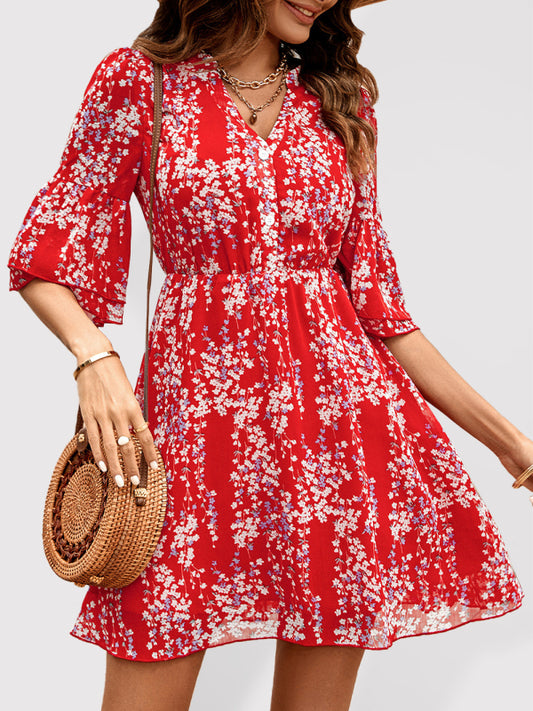 Luna's Casual V-Neck Half-Sleeve Printed Mini Dress-TOPS / DRESSES-[Adult]-[Female]-Red-S-2022 Online Blue Zone Planet