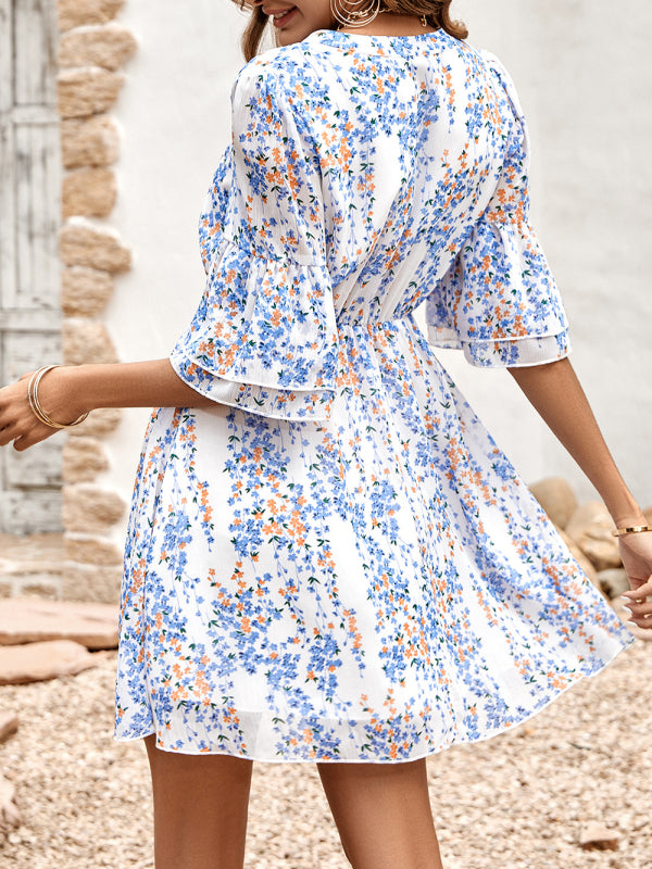 Luna's Casual V-Neck Half-Sleeve Printed Mini Dress-TOPS / DRESSES-[Adult]-[Female]-2022 Online Blue Zone Planet