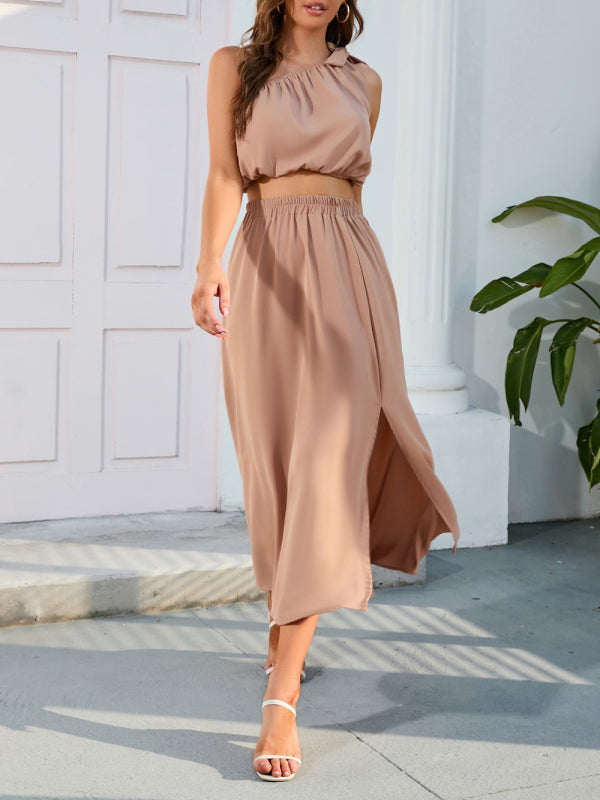 Blue Zone Planet | Fashion Slanted Shoulder Bow Knot Set Slit Large Swing Dress Two-Piece Set kakaclo