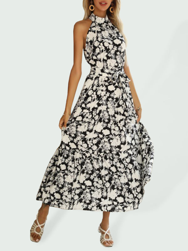 Summer French Halter Neck Sleeveless Slit Print Dress BLUE ZONE PLANET