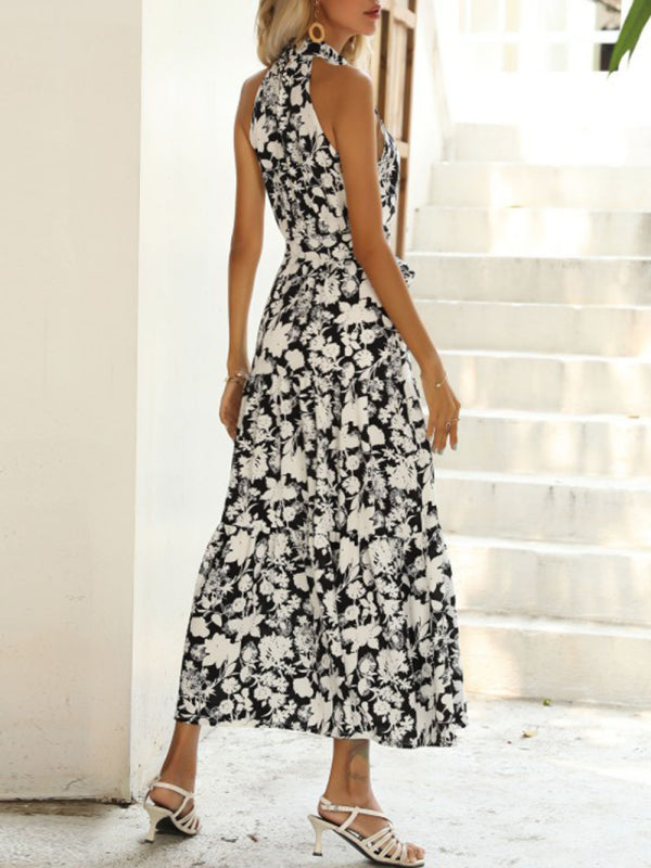 Summer French Halter Neck Sleeveless Slit Print Dress BLUE ZONE PLANET