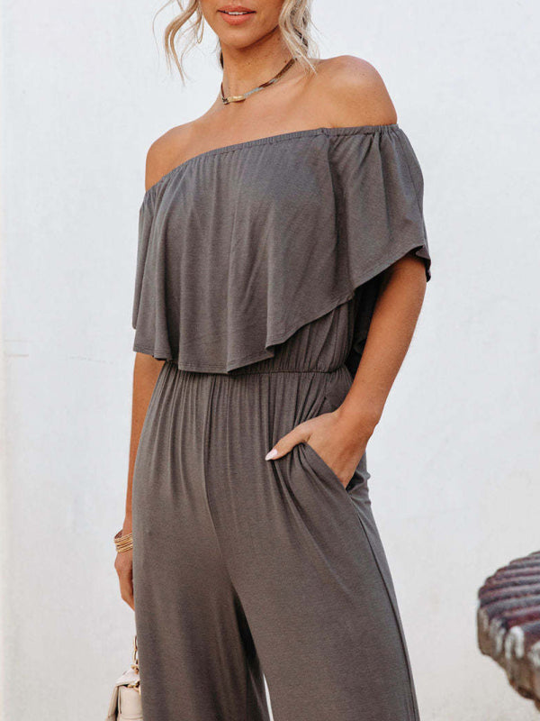 Women's clothing one-shoulder fashion temperament off-the-shoulder jumpsuit casual wide-leg pants kakaclo