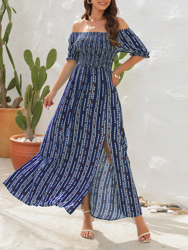 Blue Zone Planet |  Vertical Stripe Printed Slit Dress One Shoulder Holiday Dress kakaclo