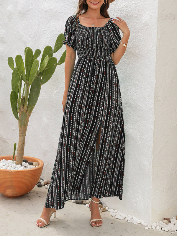 Blue Zone Planet |  Vertical Stripe Printed Slit Dress One Shoulder Holiday Dress kakaclo