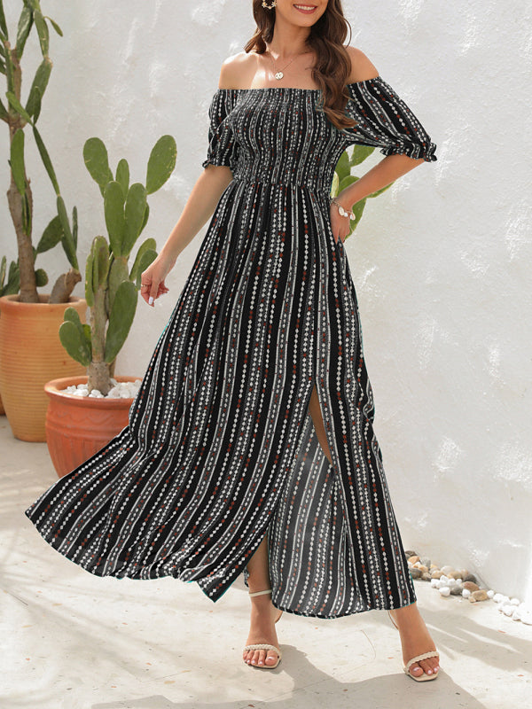 Blue Zone Planet |  Vertical Stripe Printed Slit Dress One Shoulder Holiday Dress kakaclo