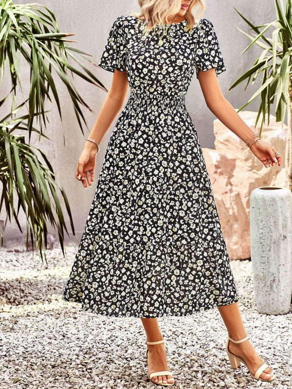 Blue Zone Planet |  Floral Dress 2023 Summer Temperament Elegant Waist Short Sleeve Long Dress kakaclo