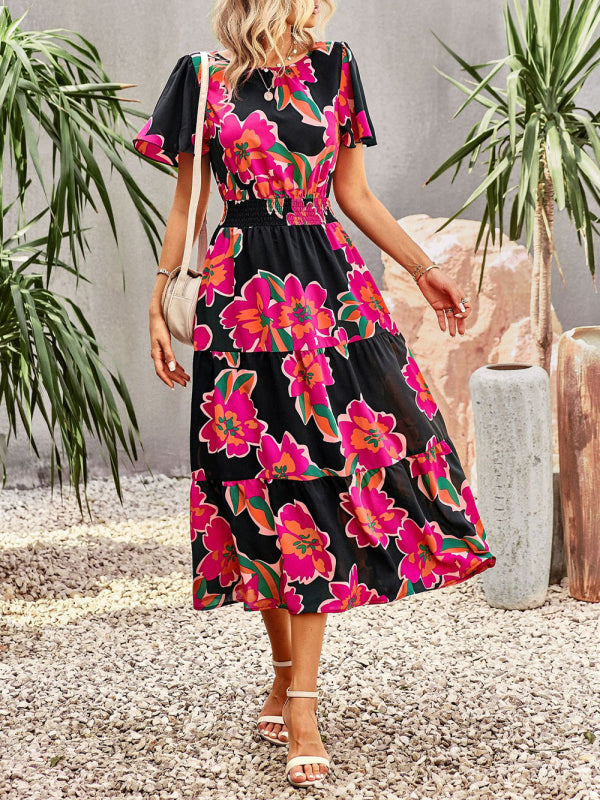 Blue Zone Planet |  Floral Dress 2023 Summer Temperament Elegant Waist Short Sleeve Long Dress kakaclo