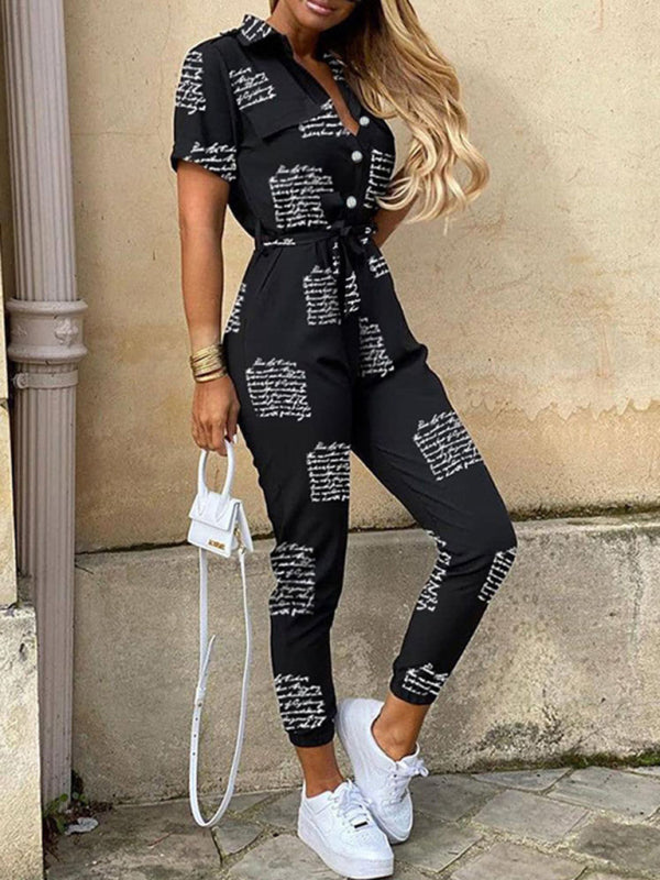 Lapel Buttoned Belt Cargo Jumpsuit BLUE ZONE PLANET