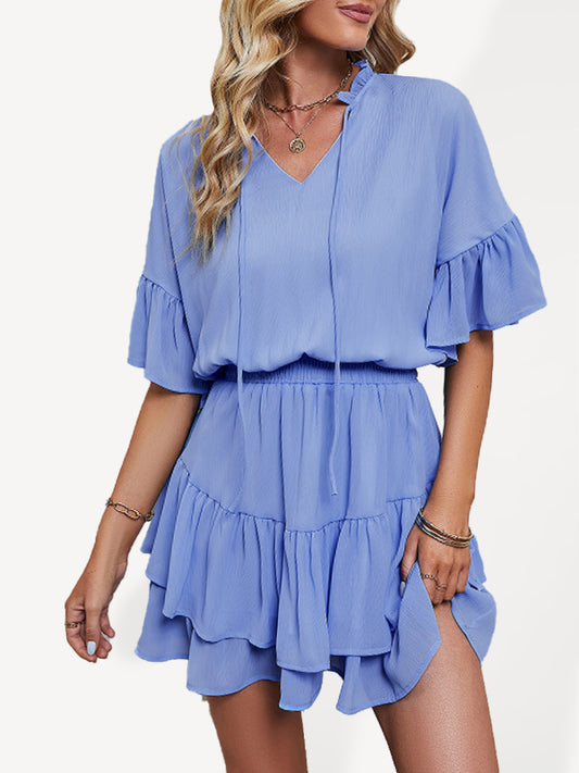 Ladies Fashion Solid Color Ruffle Dress kakaclo