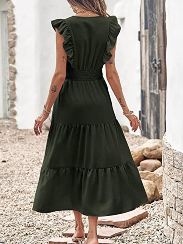 style sleeveless V-neck waist pleated dress with wooden ears kakaclo