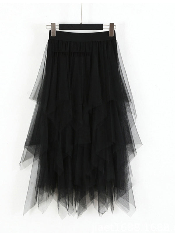 Fairy Mesh Splicing Solid Color High Waist Midi Skirt BLUE ZONE PLANET