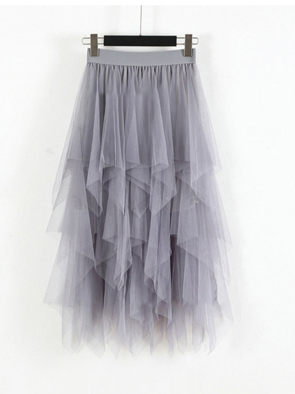 Fairy Mesh Splicing Solid Color High Waist Midi Skirt BLUE ZONE PLANET