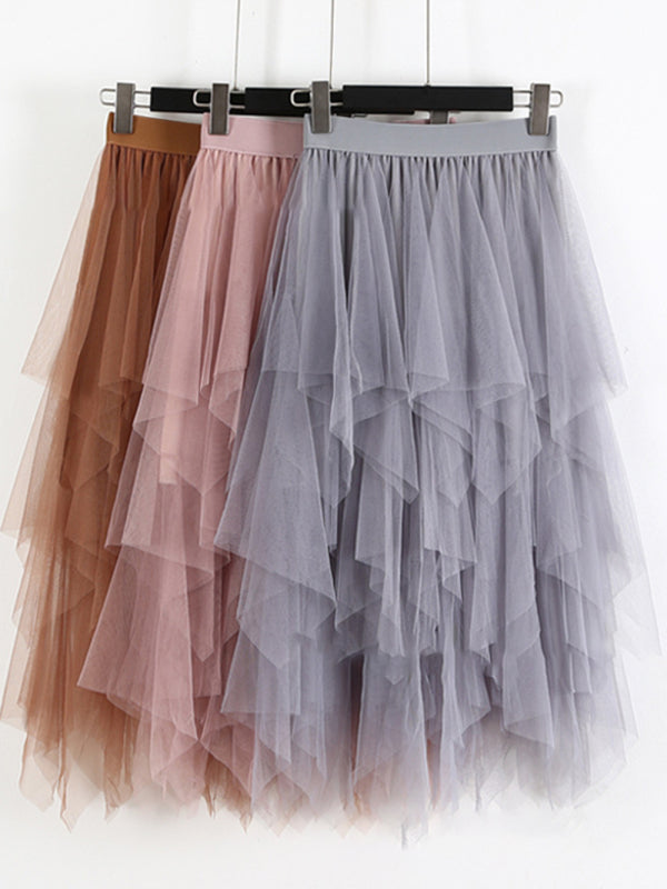 Fairy Mesh Splicing Solid Color High Waist Midi Skirt BLUE ZONE PLANET