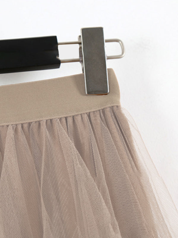 Fairy Mesh Splicing Solid Color High Waist Midi Skirt BLUE ZONE PLANET