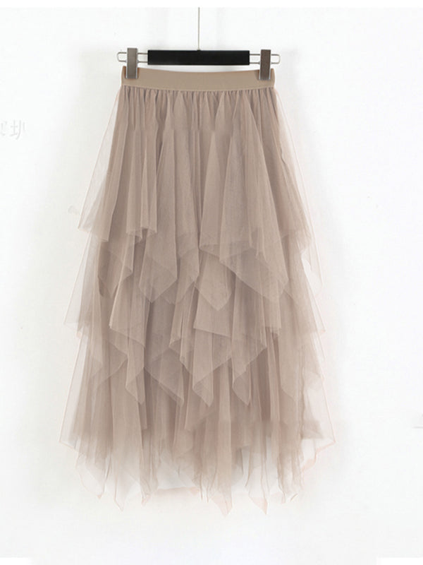 Fairy Mesh Splicing Solid Color High Waist Midi Skirt BLUE ZONE PLANET