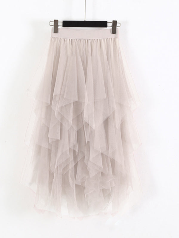 Fairy Mesh Splicing Solid Color High Waist Midi Skirt BLUE ZONE PLANET
