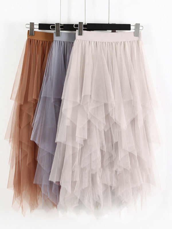 Fairy Mesh Splicing Solid Color High Waist Midi Skirt BLUE ZONE PLANET