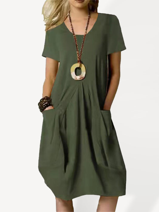 Cotton Linen Solid Color Loose Round Neck Short Sleeve Dress-[Adult]-[Female]-Green-S-2022 Online Blue Zone Planet