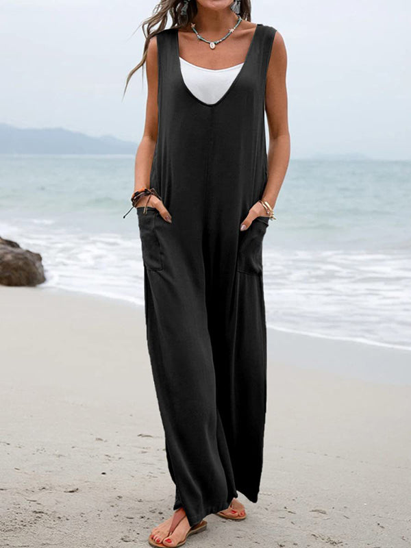 Solid color patch pocket fashion jumpsuit V-neck overalls wide-leg trousers kakaclo