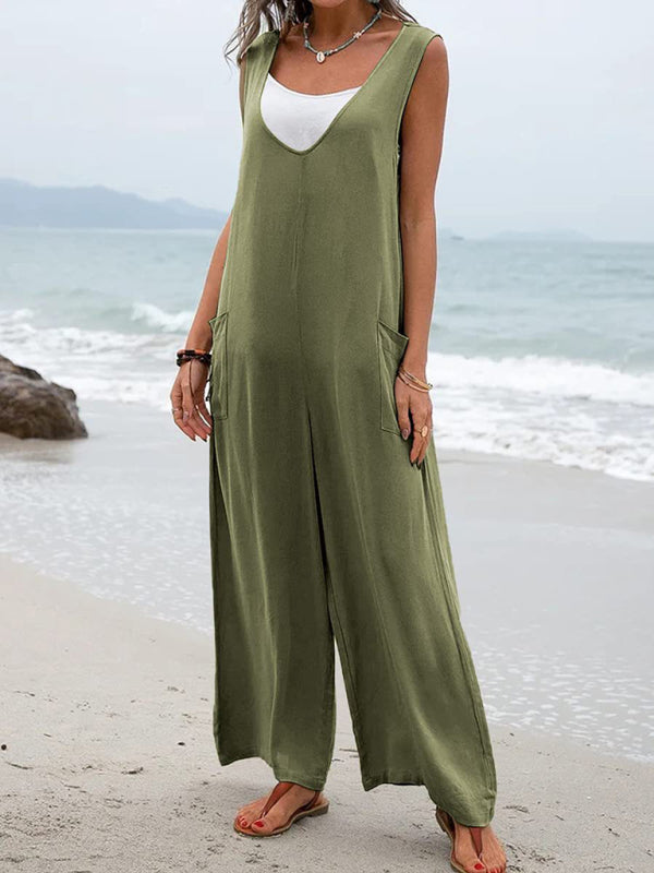 Solid color patch pocket fashion jumpsuit V-neck overalls wide-leg trousers kakaclo