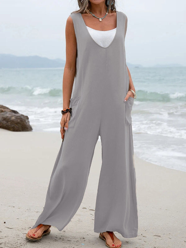 Solid color patch pocket fashion jumpsuit V-neck overalls wide-leg trousers kakaclo