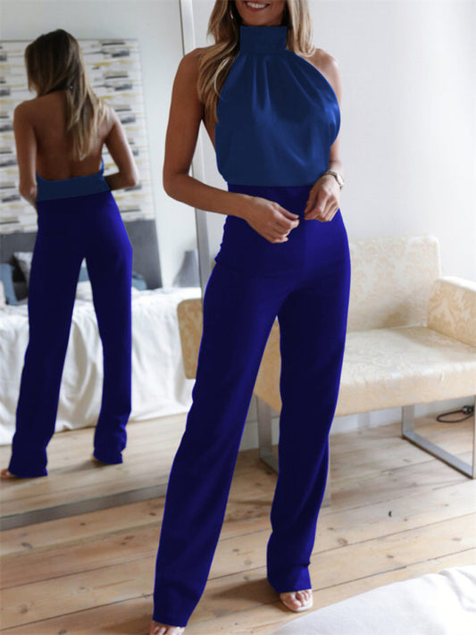 Women's Sexy Temperament Solid Color Halter Neck Backless Slim Jumpsuit kakaclo