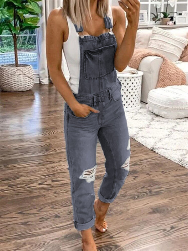 Blue Zone Planet |  Double shoulder spaghetti straps ripped denim jumpsuit BLUE ZONE PLANET