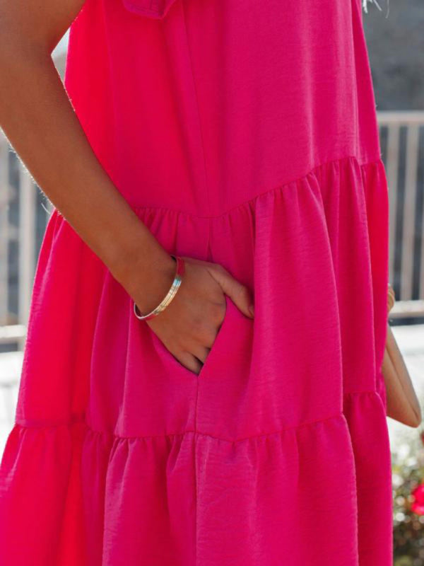 Fashion Pleated Loose Solid Color Short Sleeve Dress kakaclo