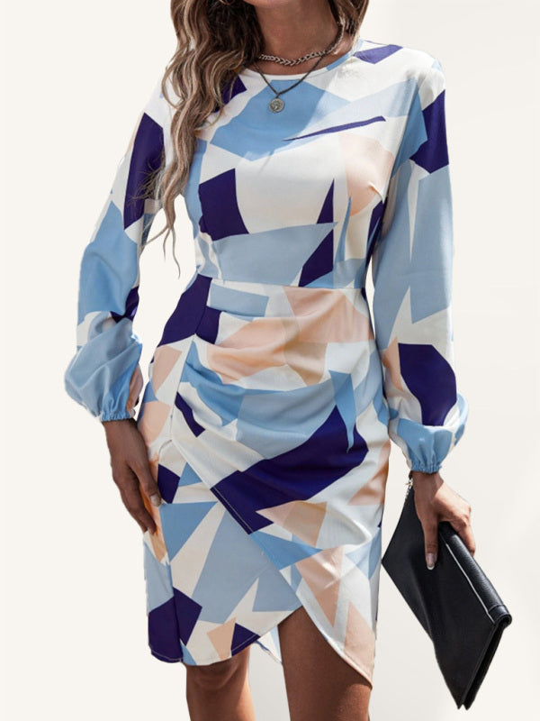 Blue Zone Planet |  Slim Round Neck Geometric Print Long Sleeve Dress BLUE ZONE PLANET
