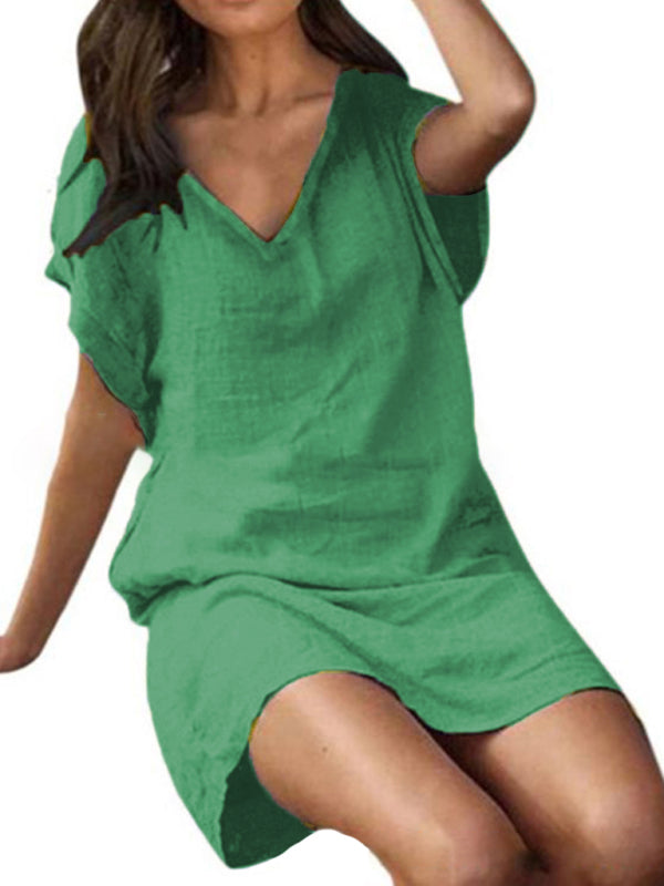 Blue Zone Planet |  Cotton linen solid color loose V-neck short-sleeved dress BLUE ZONE PLANET