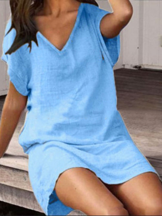 Blue Zone Planet |  Cotton linen solid color loose V-neck short-sleeved dress BLUE ZONE PLANET