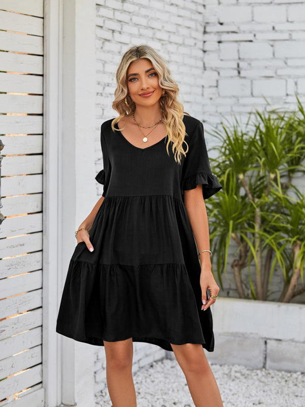 Zone Planet | Summer V-Neck Babydoll Three Layer Pleated Dress - Olive Green / XXL by Blue Zone Planet