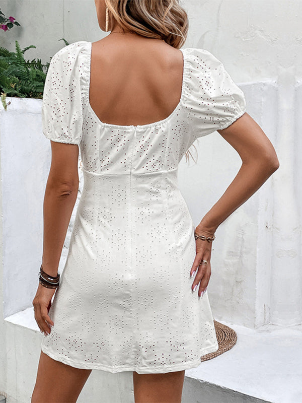 Fairy Dress French Vintage Square Neck White Backless Dress kakaclo