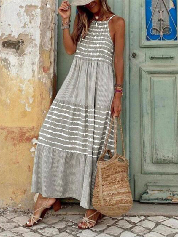 Elegant spaghetti straps, round neck and large swing stitching dress kakaclo