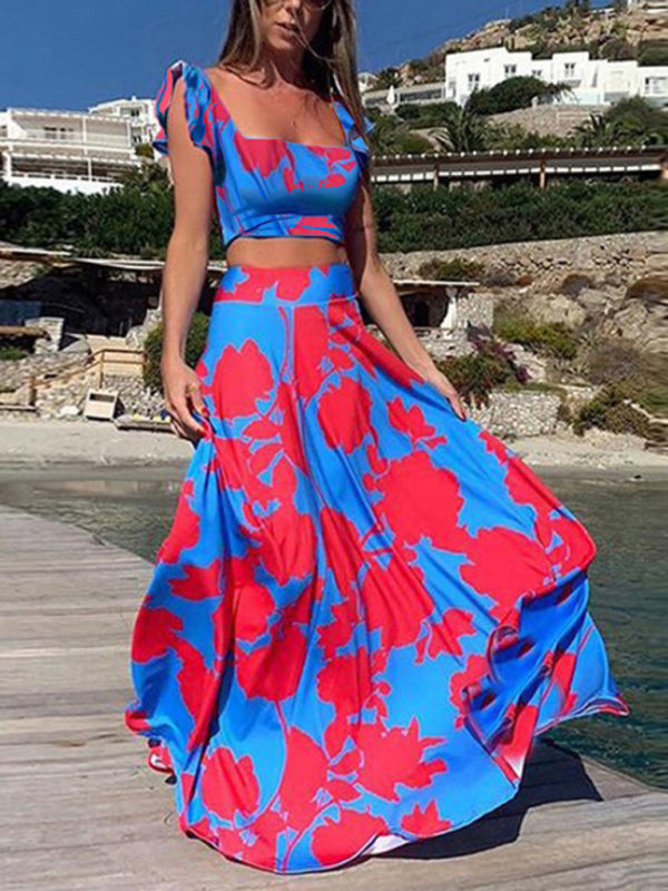 New two-piece suit fashion print big swing skirt suit BLUE ZONE PLANET