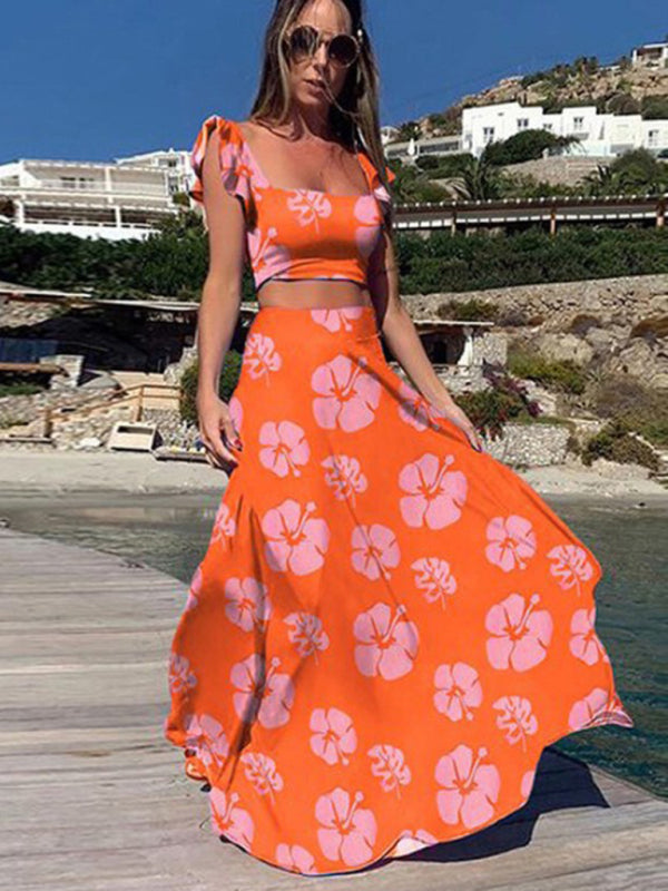 New two-piece suit fashion print big swing skirt suit BLUE ZONE PLANET